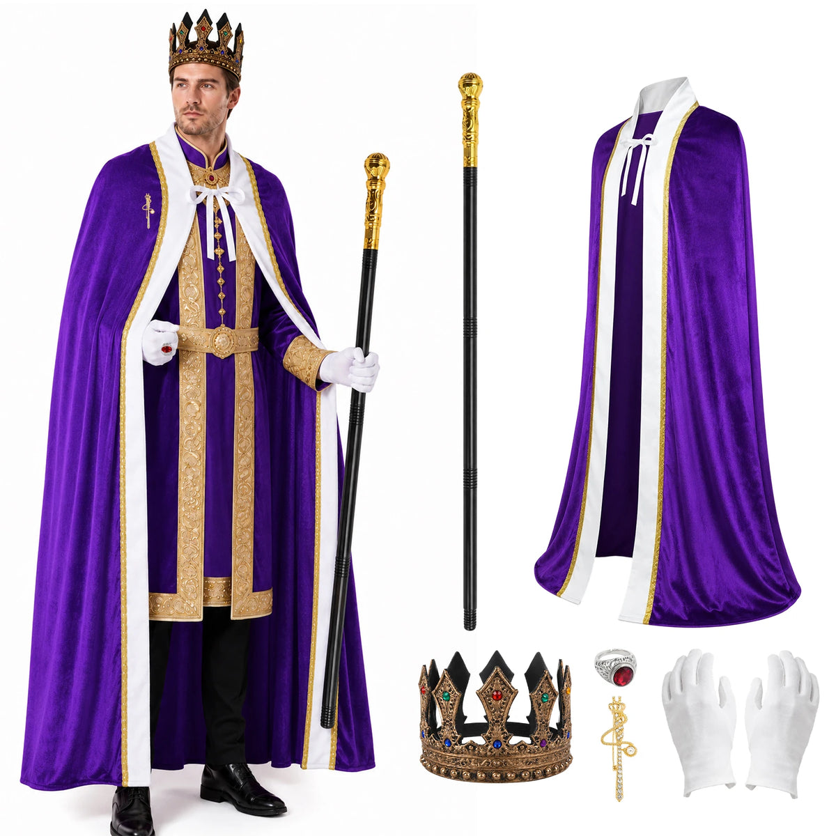 Adult wearing the purple cape crown scepter brooch ring and white gloves beside separate accessories.