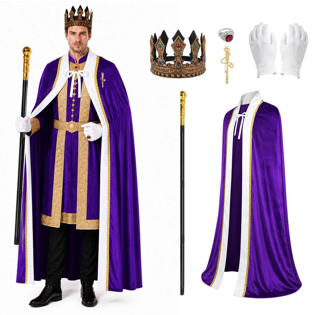 Purple cape worn over a separate styled outfit alongside the crown ring gloves brooch and scepter.