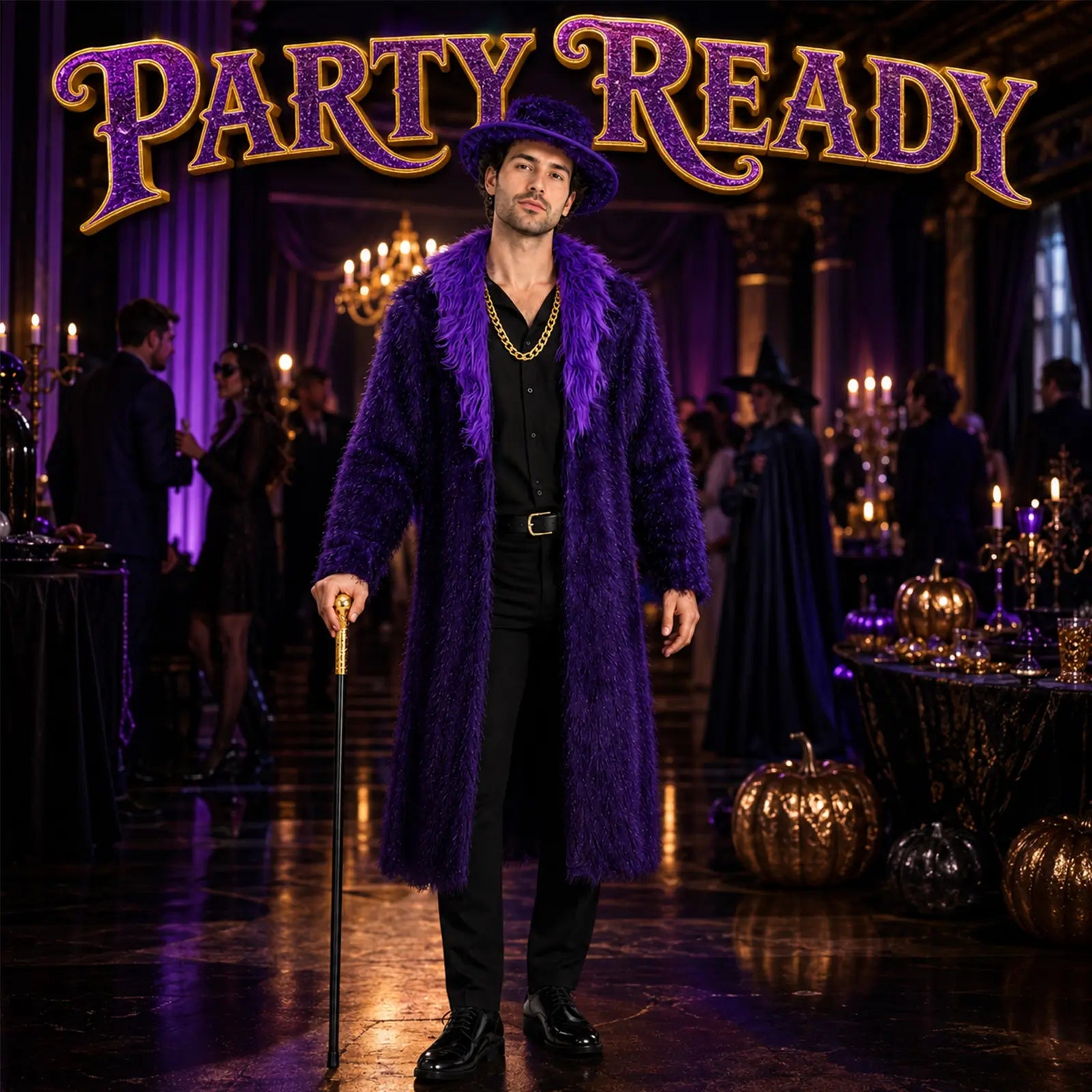 Adult purple costume outfit in a Halloween party scene with faux fur coat hat cane and chain