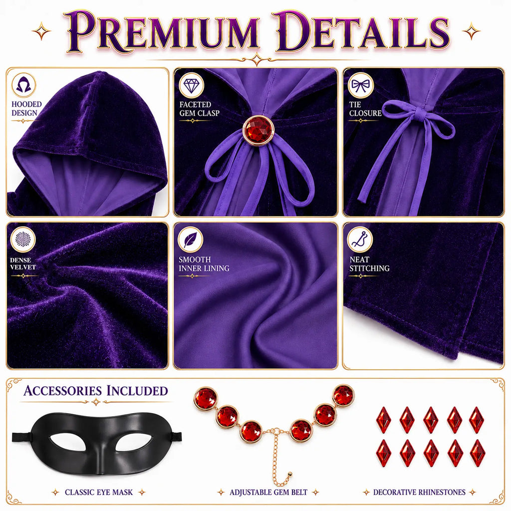 Purple velvet hooded cape costume details with soft lining gem clasp tie closure and stitching