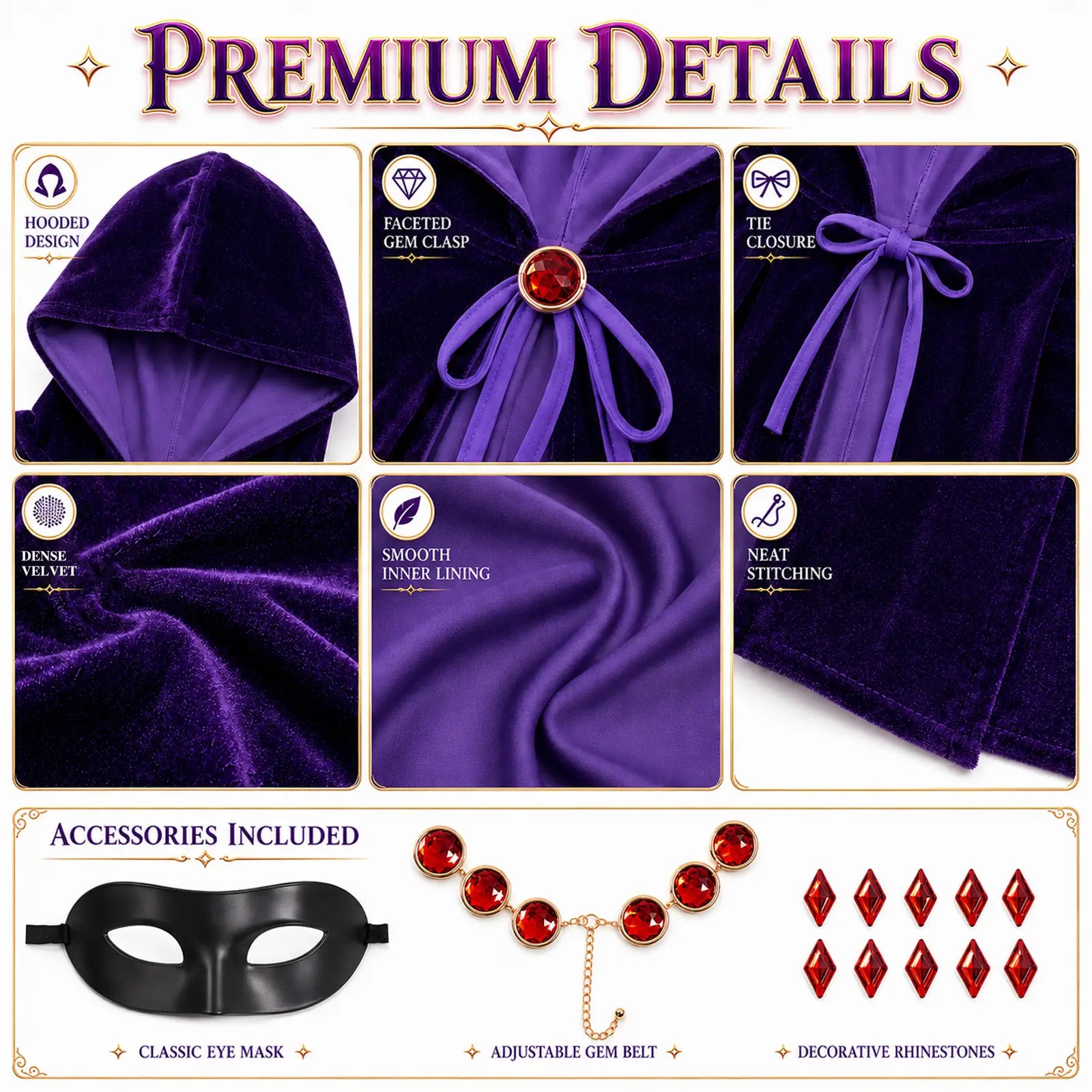 Purple velvet hooded cape costume details with soft lining gem clasp tie closure and stitching