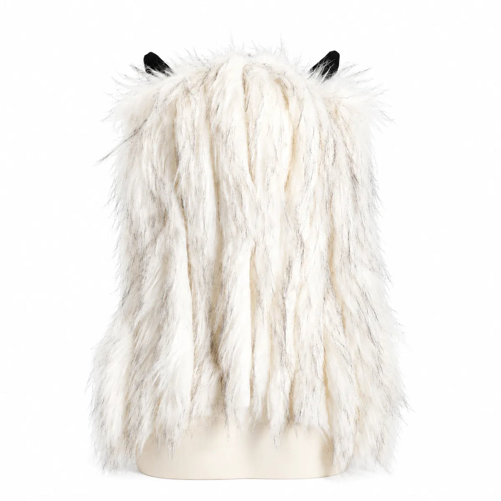 Back view of the purple white fur wolf mask, showing the hood shape and fur coverage.