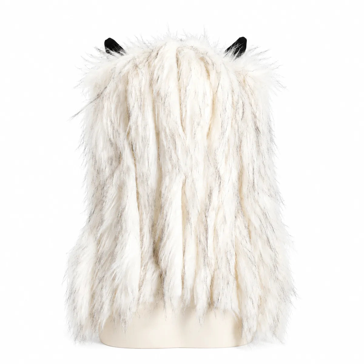 Back view of the purple white fur wolf mask, showing the hood shape and fur coverage.