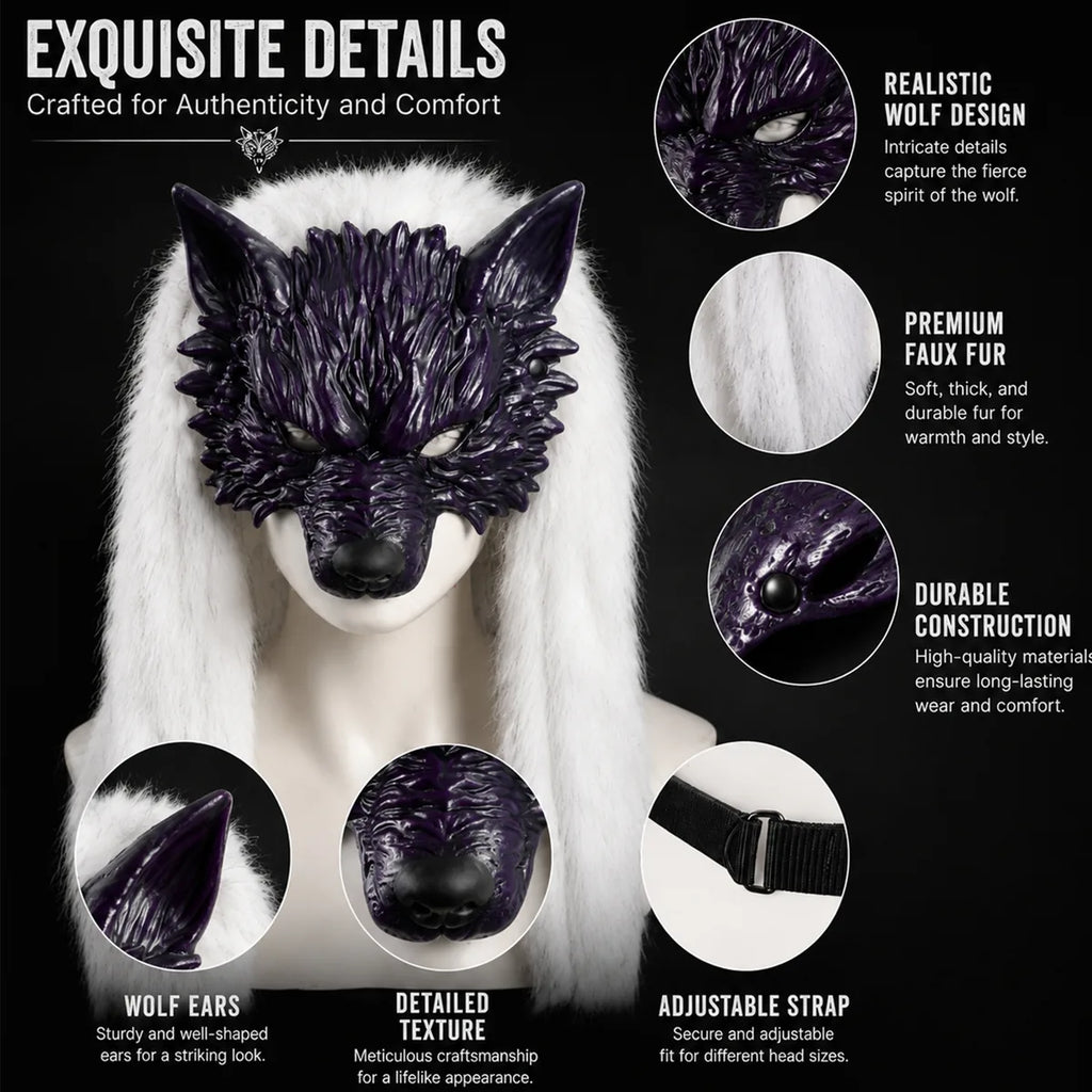 Close-up details of the purple white fur wolf mask, showing visible texture, color, and construction.