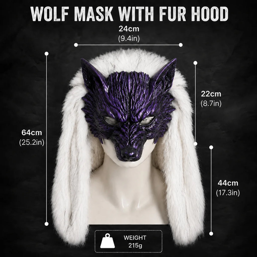 Dimension chart for the purple white fur wolf mask, showing the listed product measurements and scale.