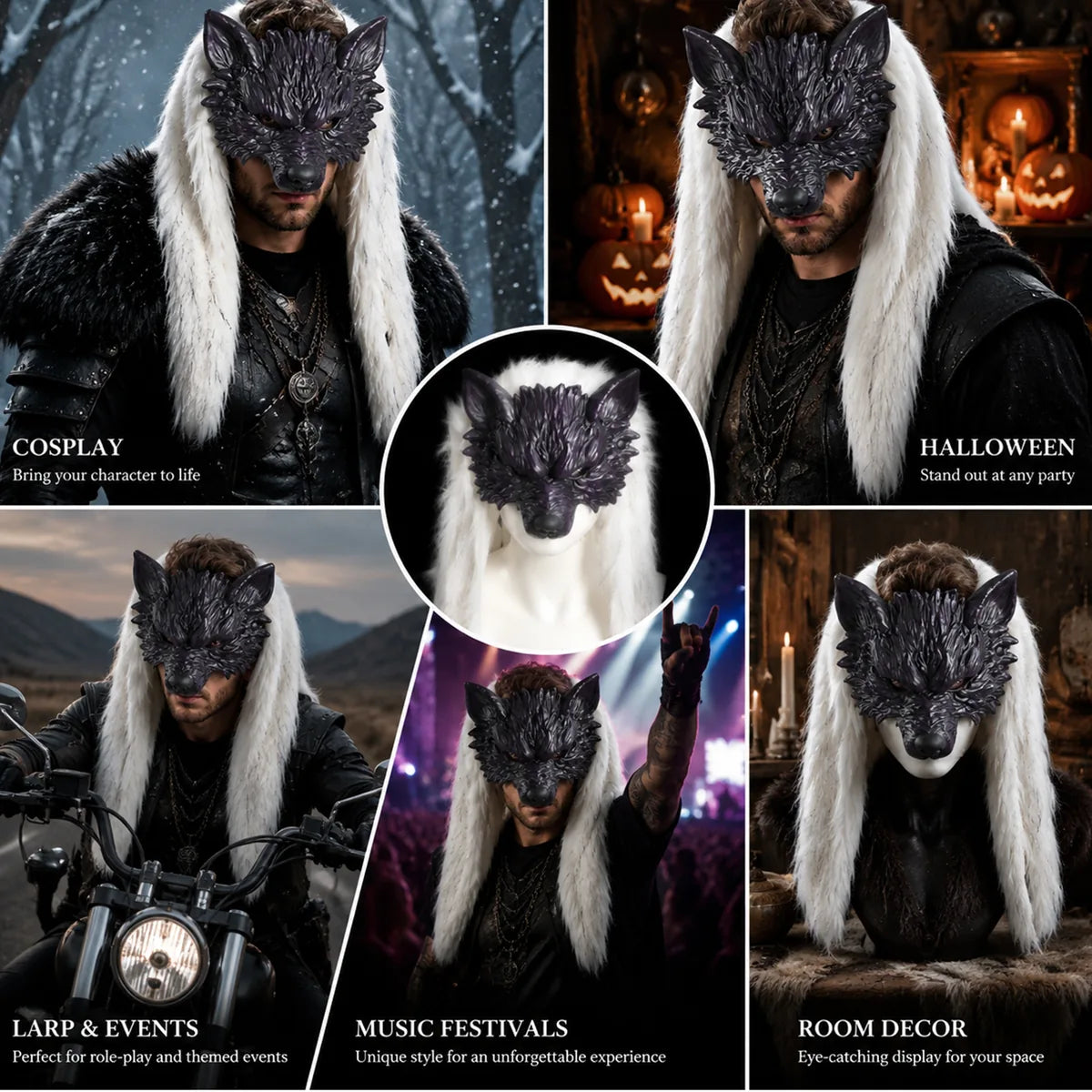 The purple white fur wolf mask shown across several styled Halloween and costume event scenes.