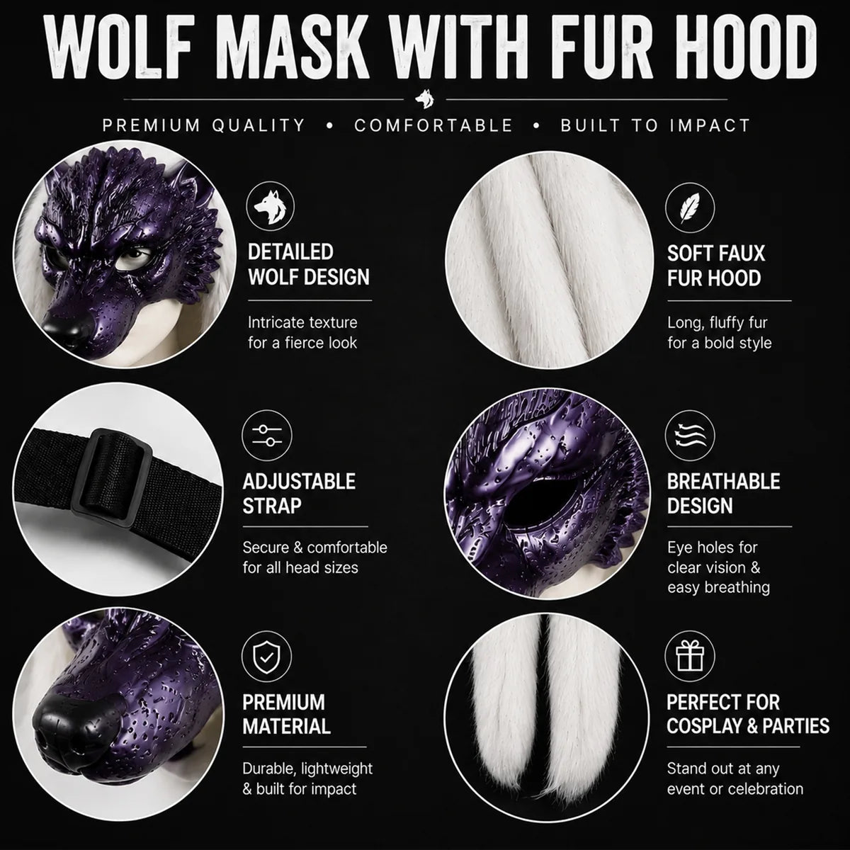 Feature graphic for the purple white fur wolf mask, highlighting visible design details and costume use.