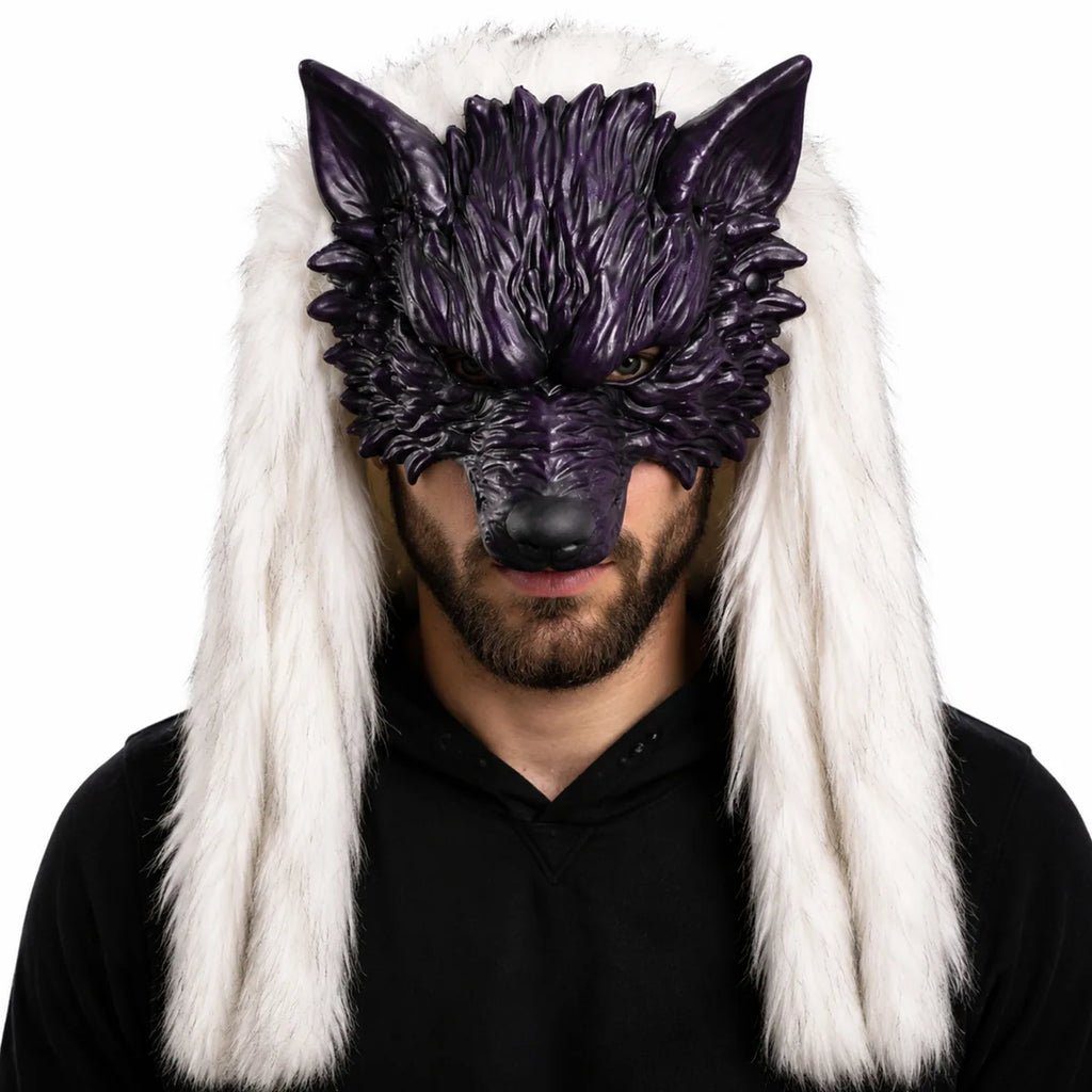 Front view of the purple white fur wolf mask, showing its overall shape and visible design.