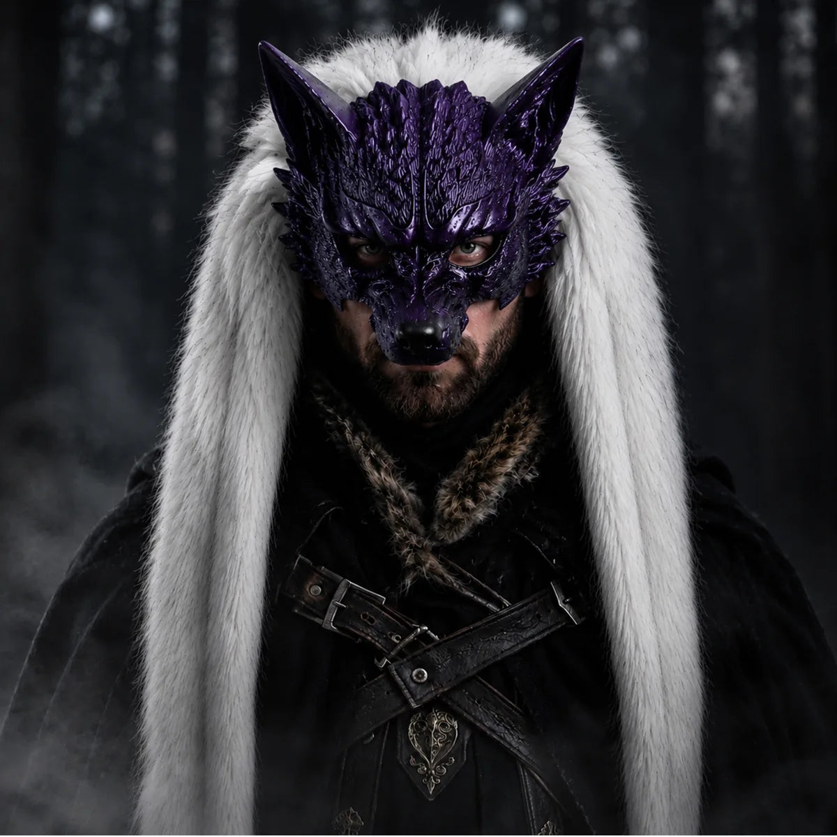 Adult wearing a purple fantasy wolf mask with white faux fur