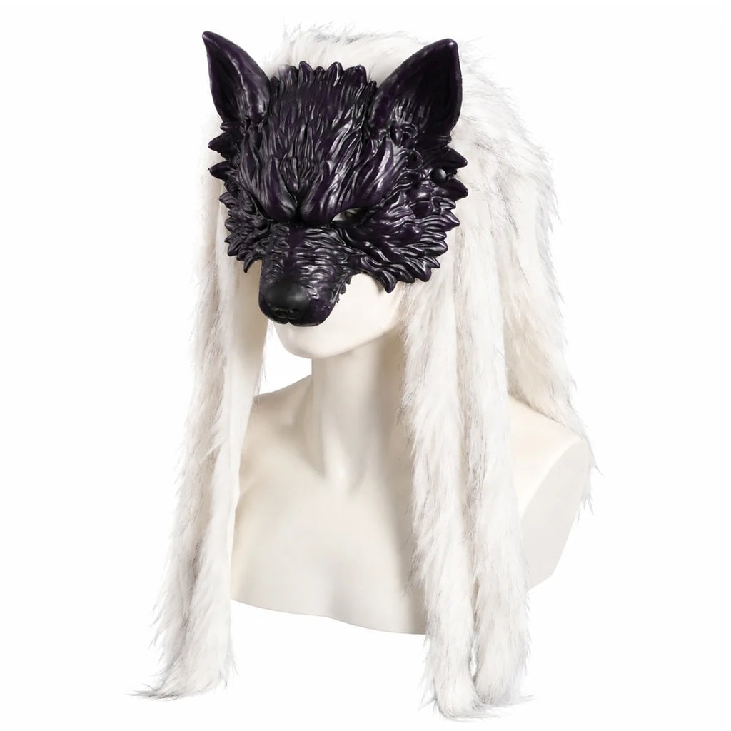 Side view of the purple white fur wolf mask, showing its profile and visible fur details.