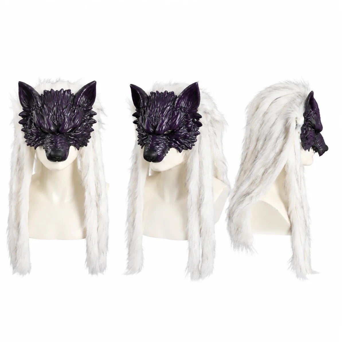 Multiple-angle view of the purple white fur wolf mask, showing its shape from different sides.