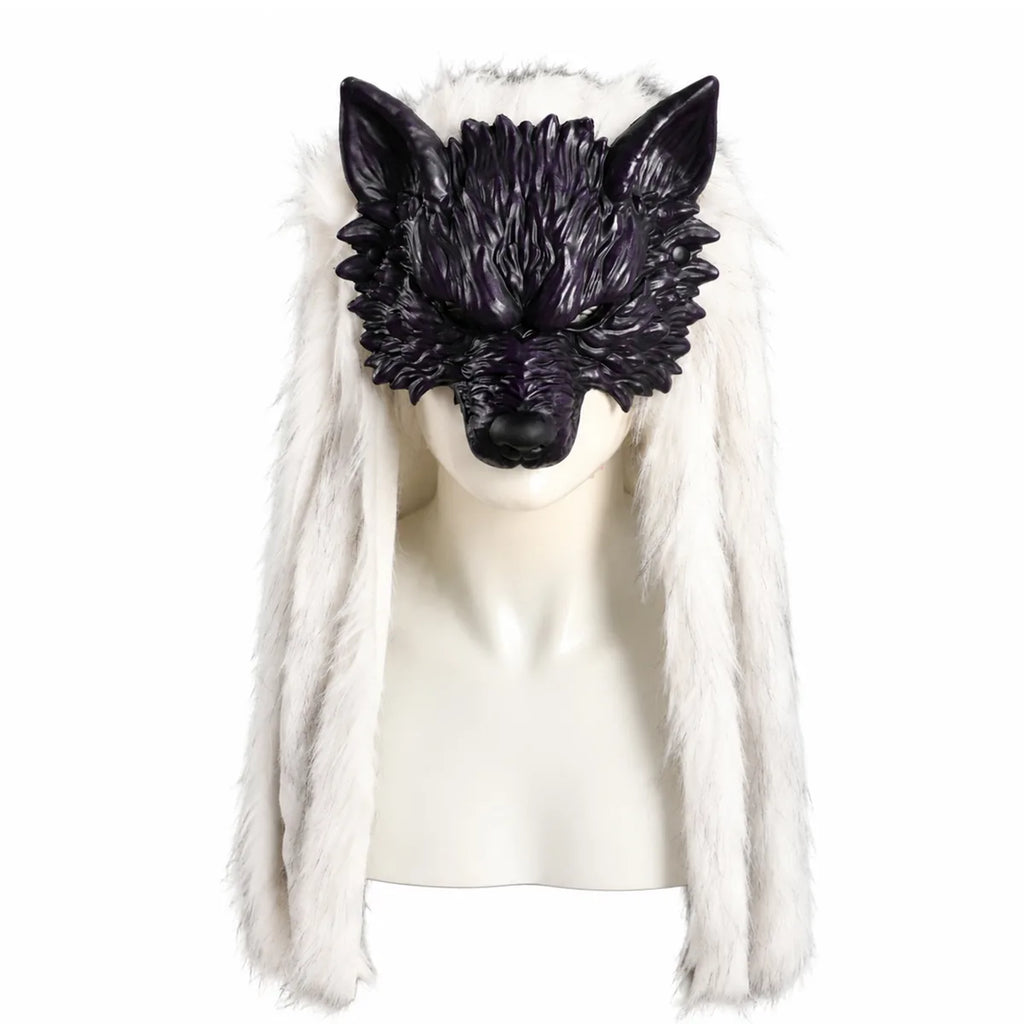 Styled view of the purple white fur wolf mask, showing how the mask appears when worn.
