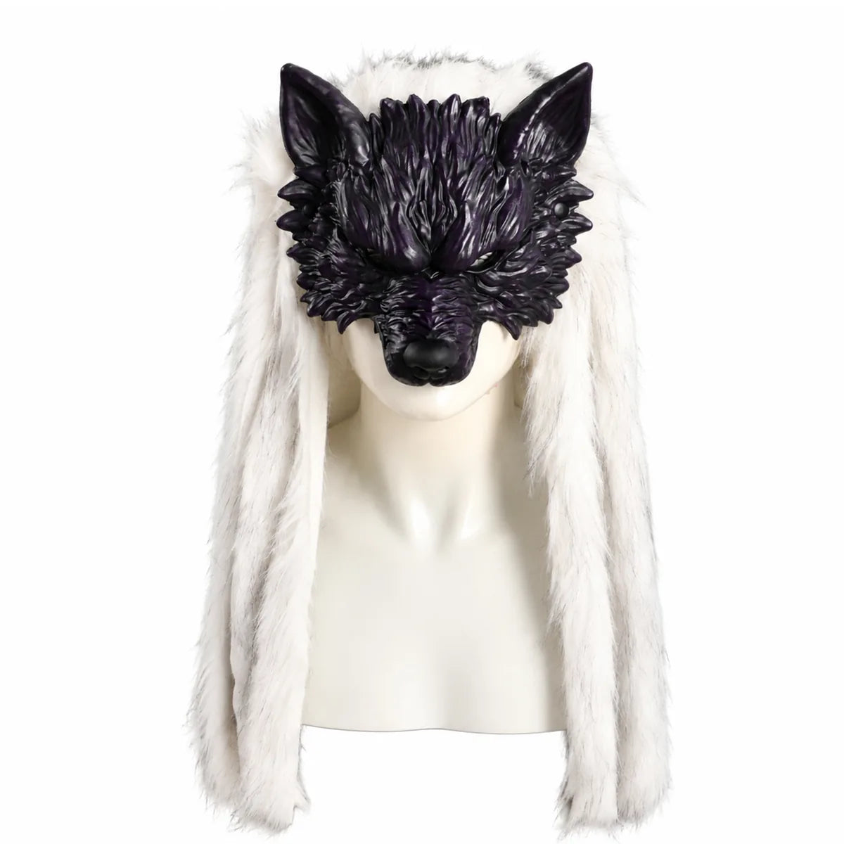 Styled view of the purple white fur wolf mask, showing how the mask appears when worn.