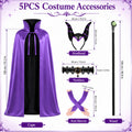 Maleficent-inspired purple witch cape, horned headband, necklace, pair of arm sleeves and wand with component dimensions.