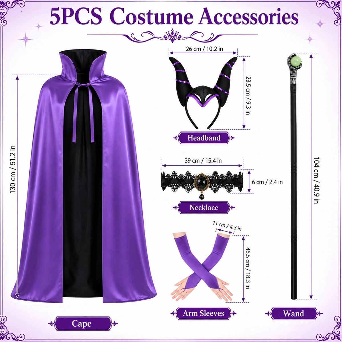 Maleficent-inspired purple witch cape, horned headband, necklace, pair of arm sleeves and wand with component dimensions.