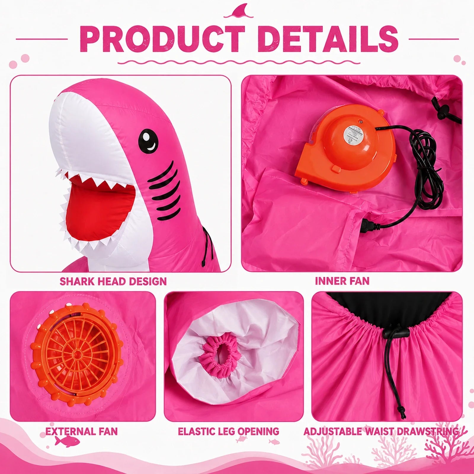 Close-up of the Adult Inflatable Shark Costume – Pink or Blue, pink version, showing texture and construction details