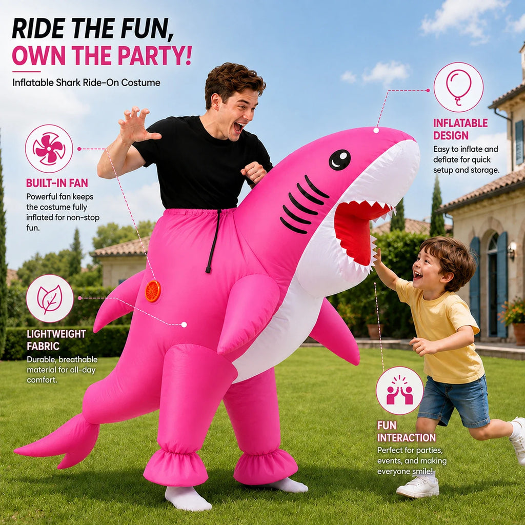 Included pieces and key product features for the Adult Inflatable Shark Costume – Pink or Blue, pink version