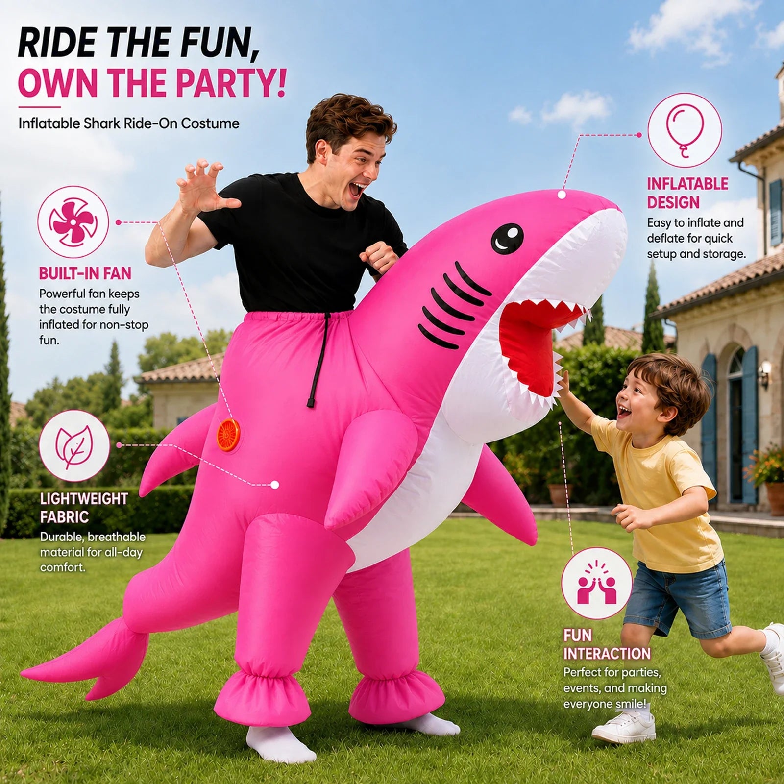 Included pieces and key product features for the Adult Inflatable Shark Costume – Pink or Blue, pink version