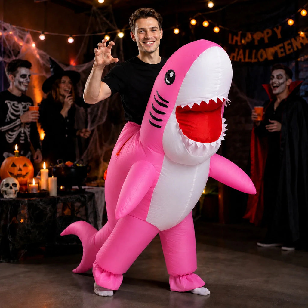 The Adult Inflatable Shark Costume – Pink or Blue, pink version shown in a second Halloween scene