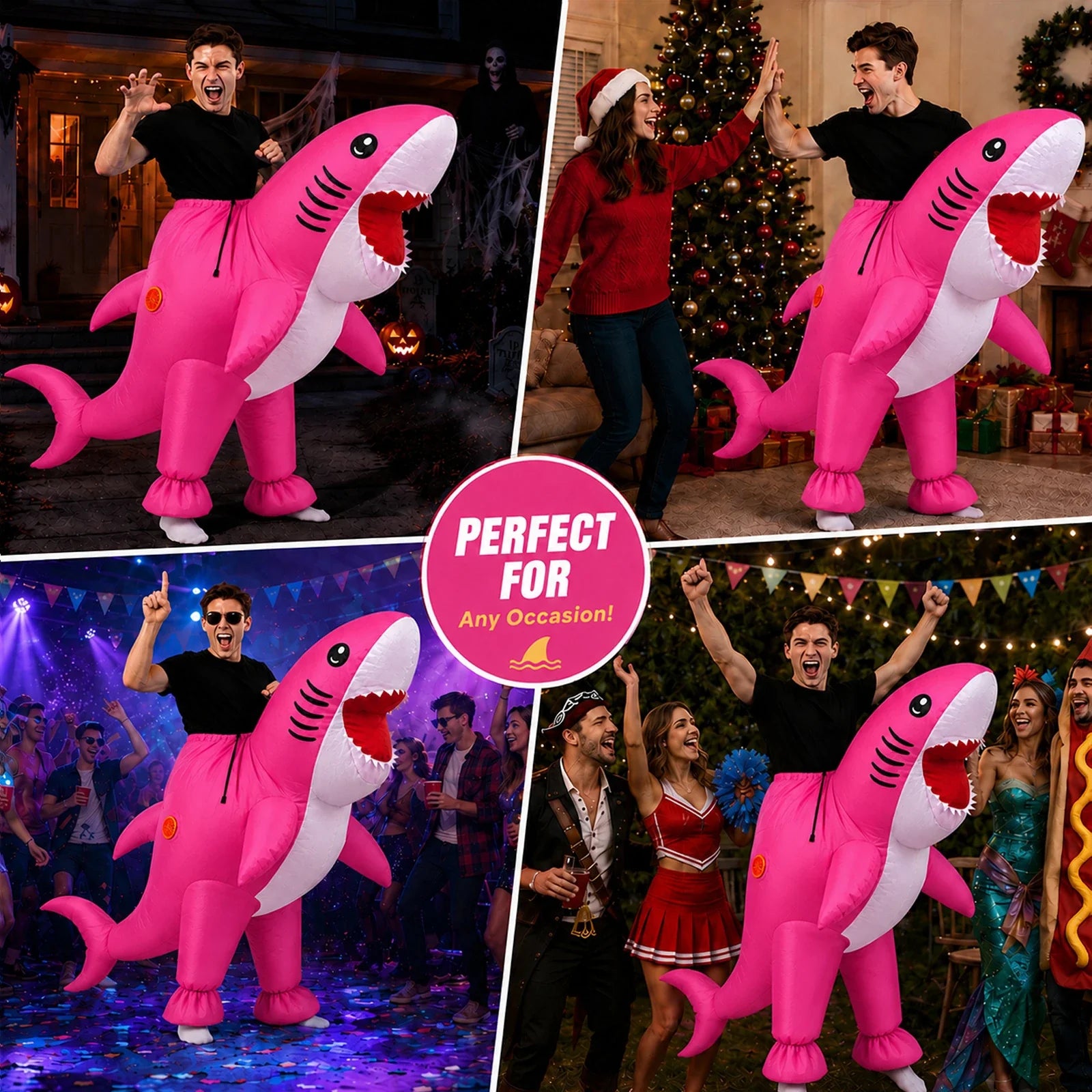 The Adult Inflatable Shark Costume – Pink or Blue, pink version shown in an additional full-body costume scene