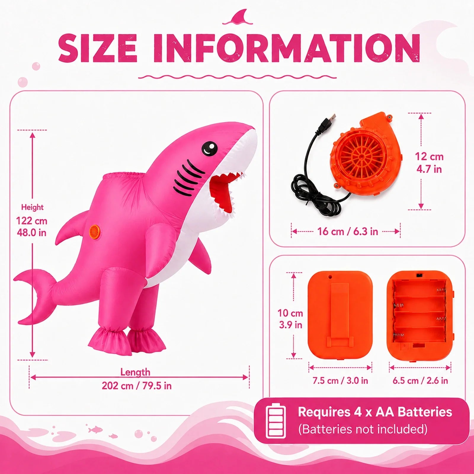 Size guide for the Adult Inflatable Shark Costume – Pink or Blue, pink version, with product and package measurements