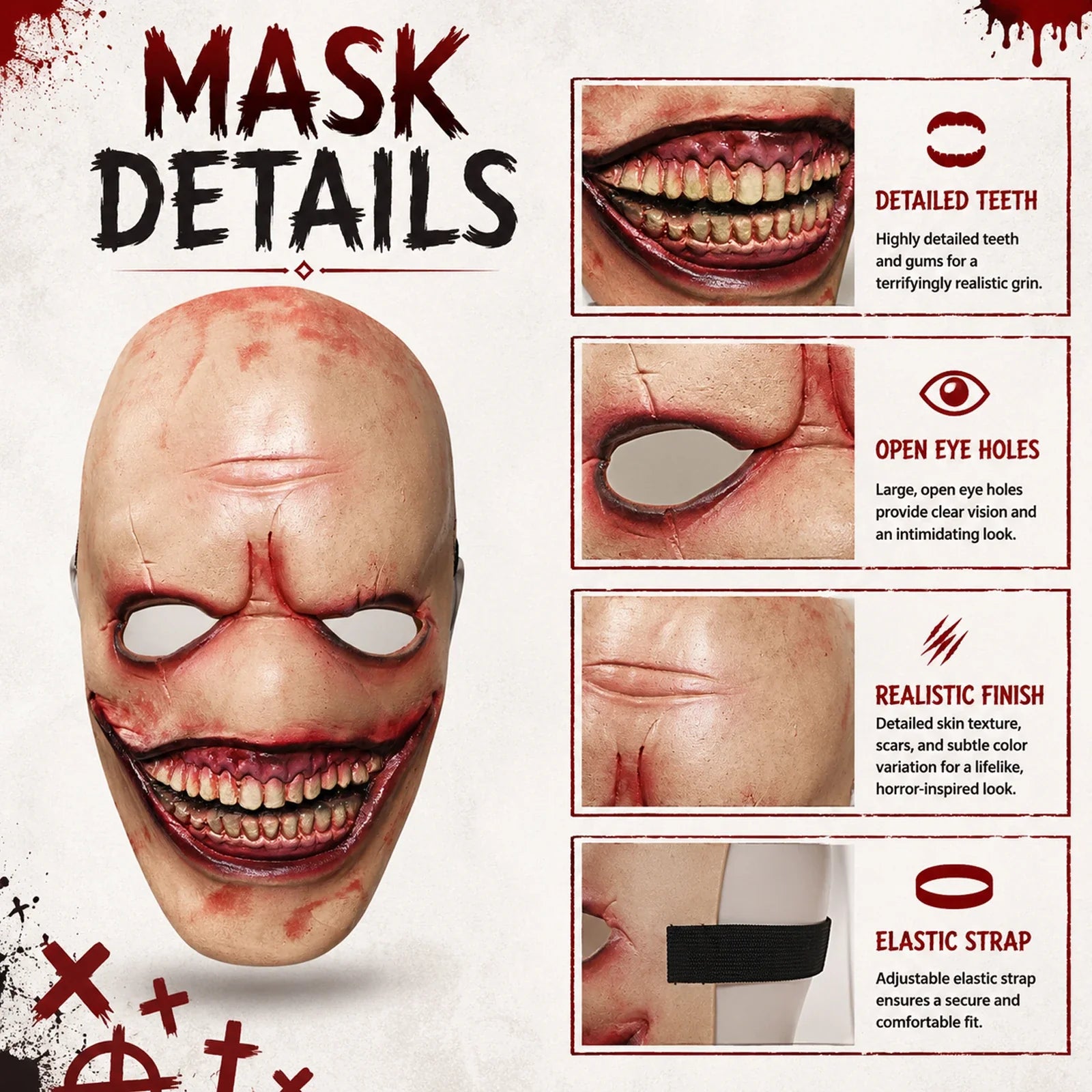 Close-up of the Bald Grinning Horror Mask, showing texture and construction details