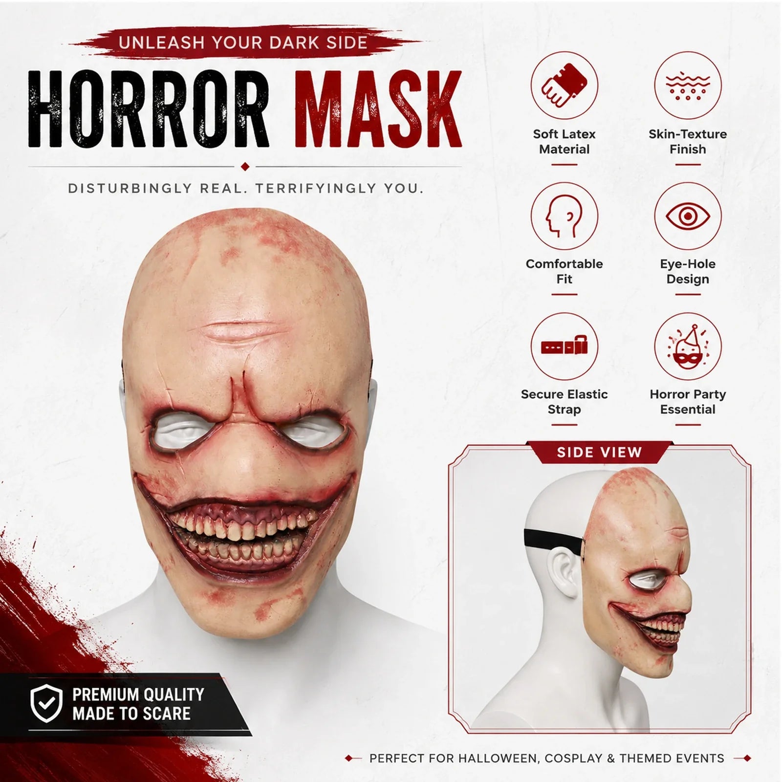 Included pieces and key product features for the Bald Grinning Horror Mask
