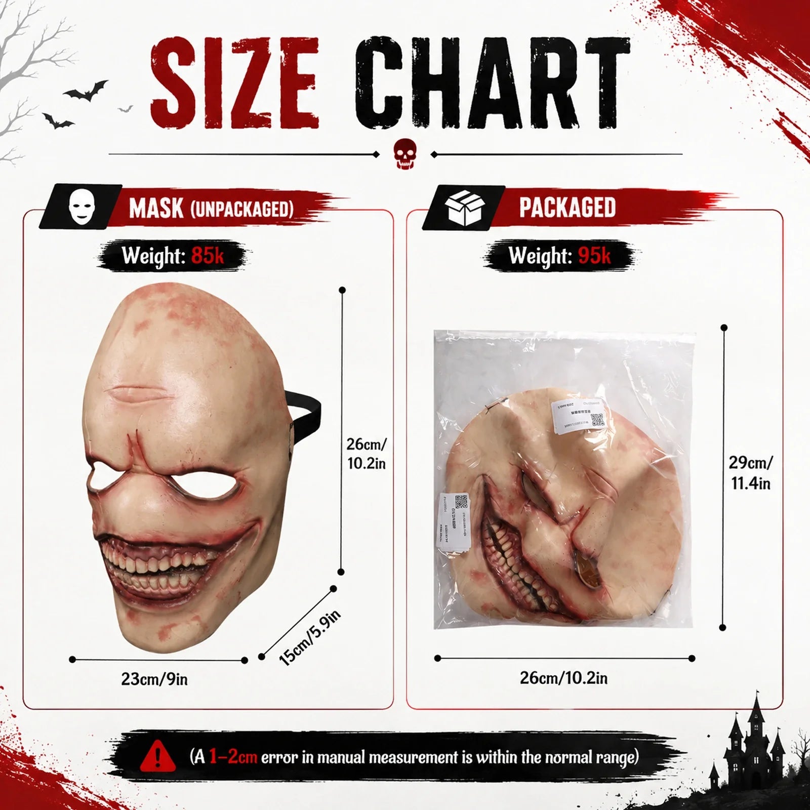 Size guide for the Bald Grinning Horror Mask, with product and package measurements