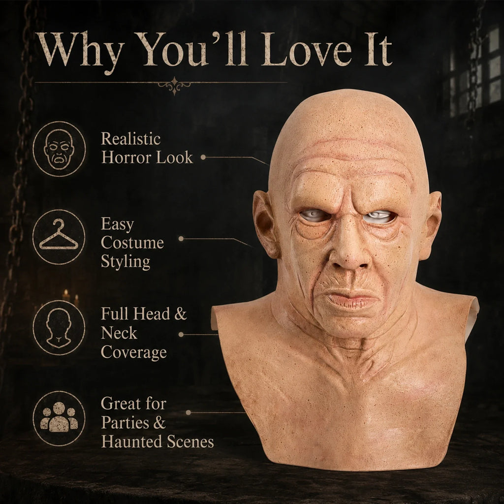 Included pieces and key product features for the Bald Old Man Full-Head Mask