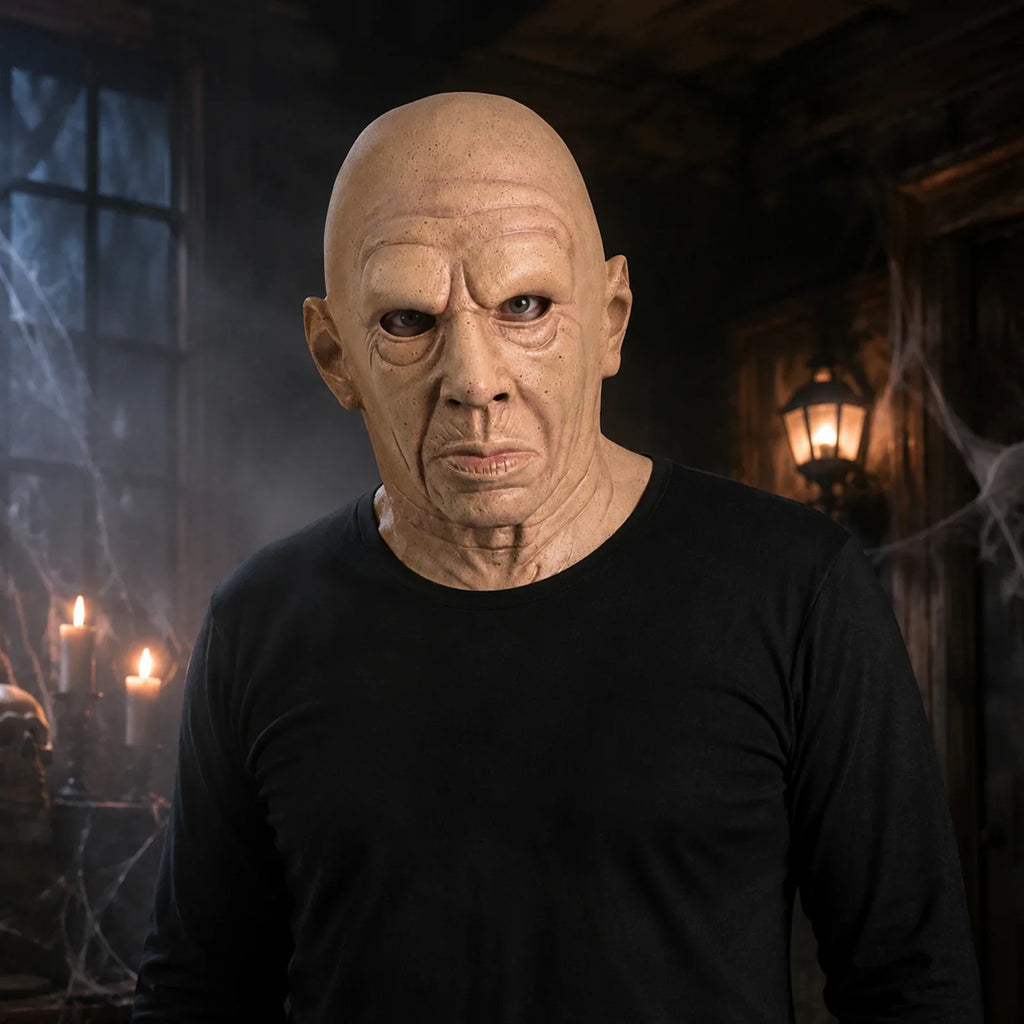 Model wearing the Bald Old Man Full-Head Mask in a Halloween costume setting