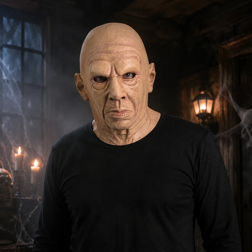 Model wearing the Bald Old Man Full-Head Mask in a Halloween costume setting