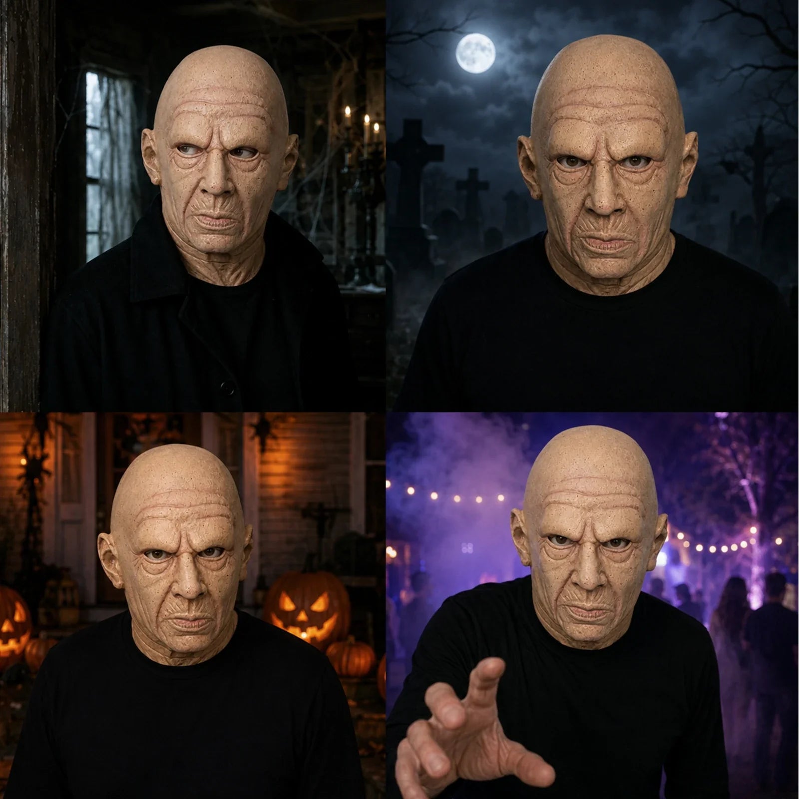 The Bald Old Man Full-Head Mask shown in a second Halloween scene