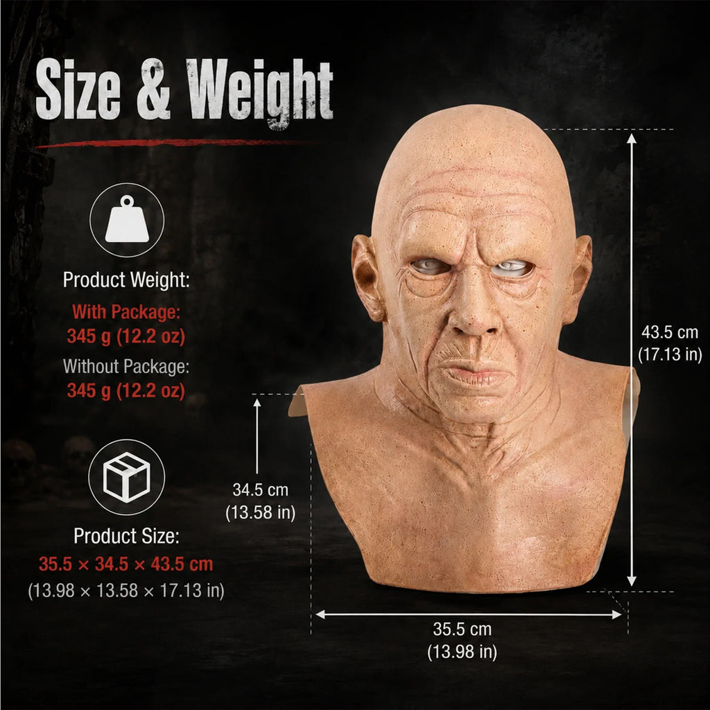 Size guide for the Bald Old Man Full-Head Mask, with product and package measurements