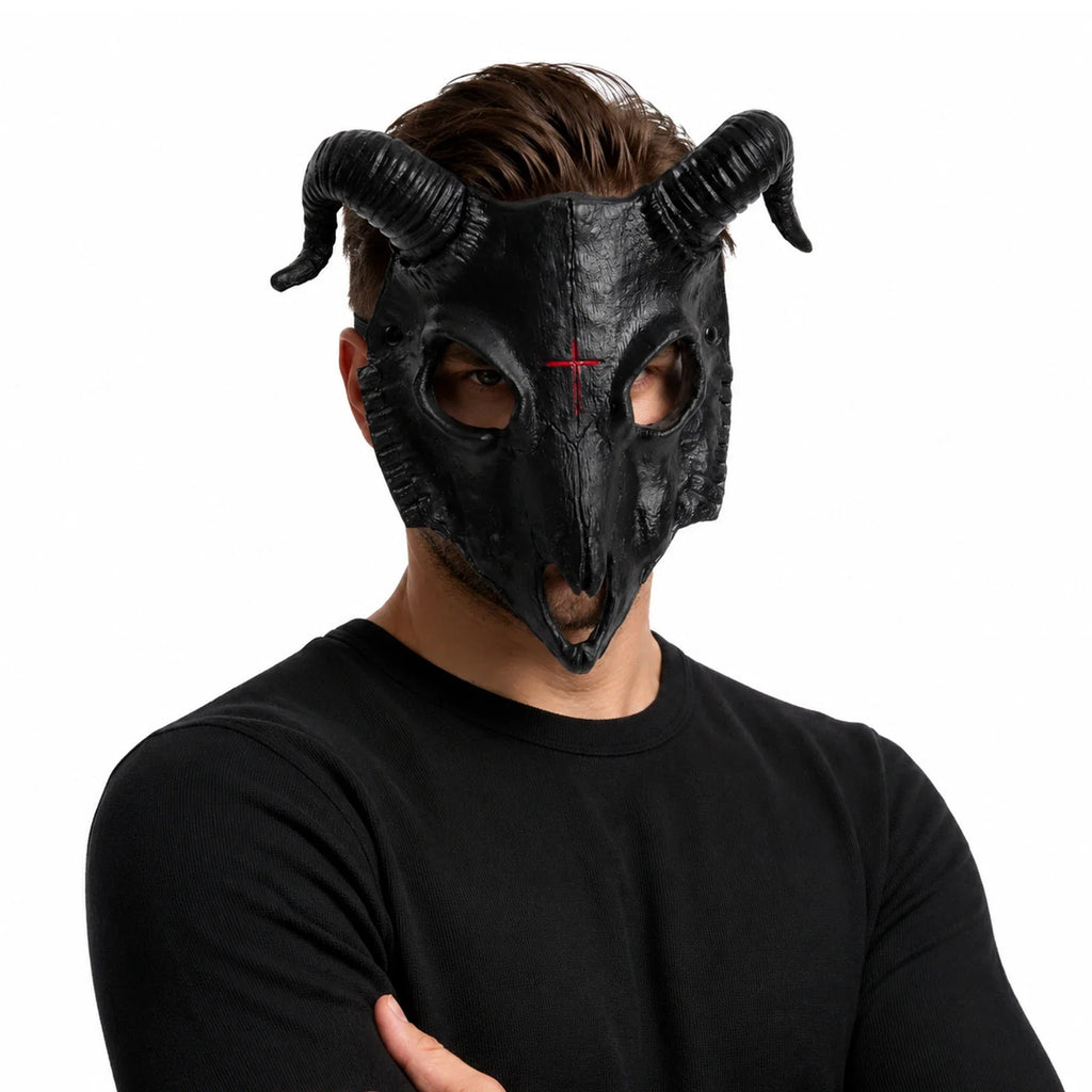 Alternate front view of the Black Goat Horn Mask on a clean background