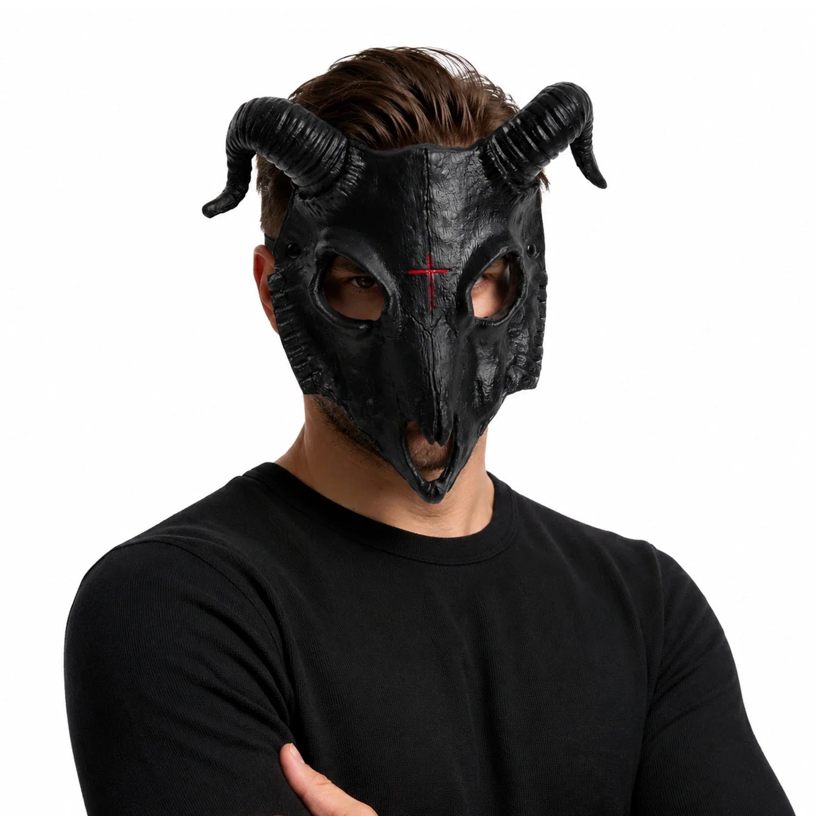 Alternate front view of the Black Goat Horn Mask on a clean background