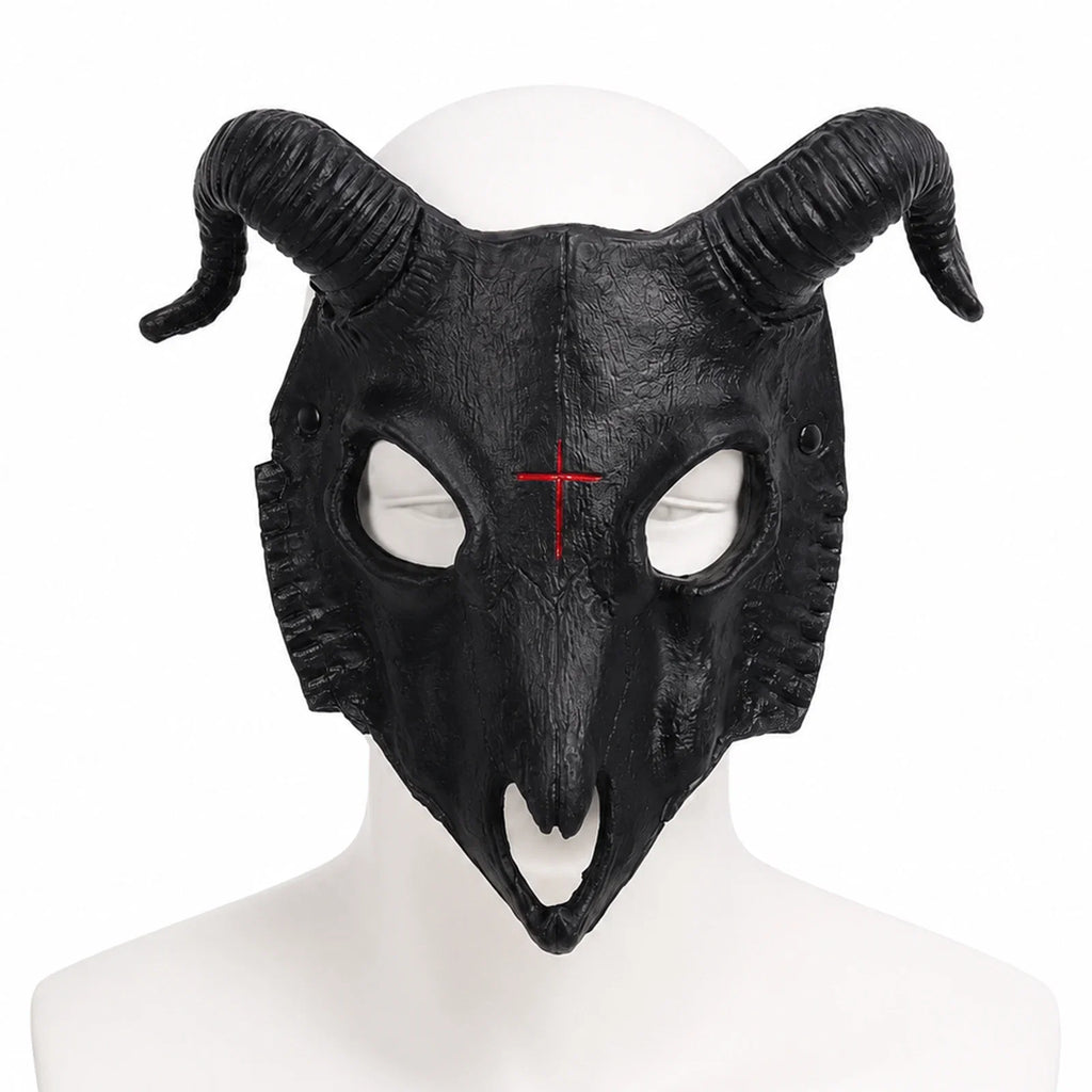 Front and three-quarter views of the Black Goat Horn Mask