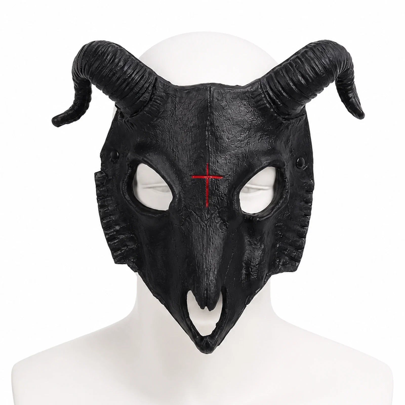 Front and three-quarter views of the Black Goat Horn Mask