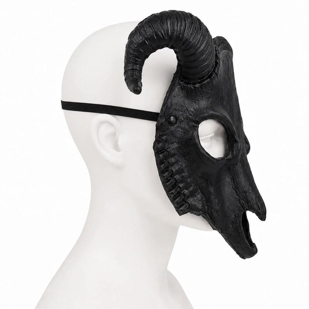 Side and rear views of the Black Goat Horn Mask