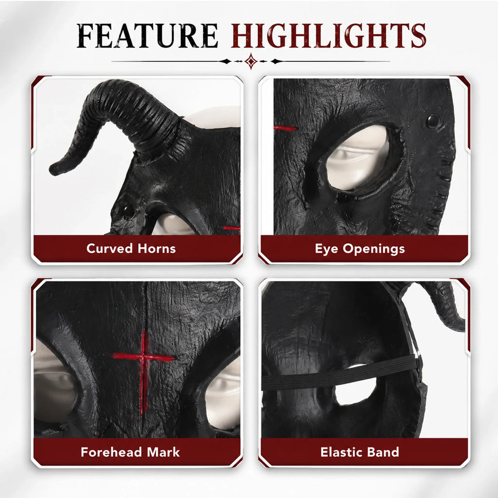Close-up of the Black Goat Horn Mask, showing texture and construction details
