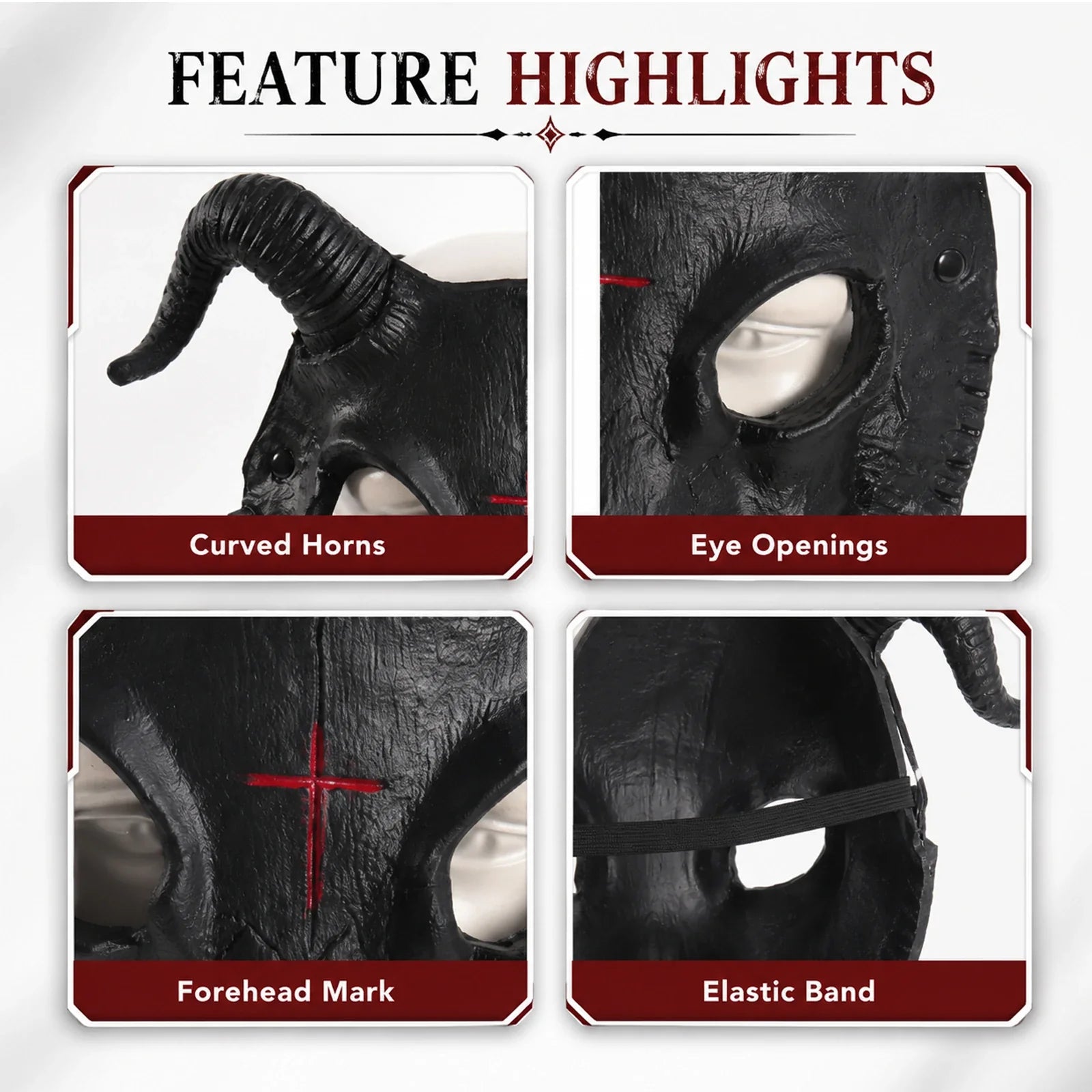 Close-up of the Black Goat Horn Mask, showing texture and construction details