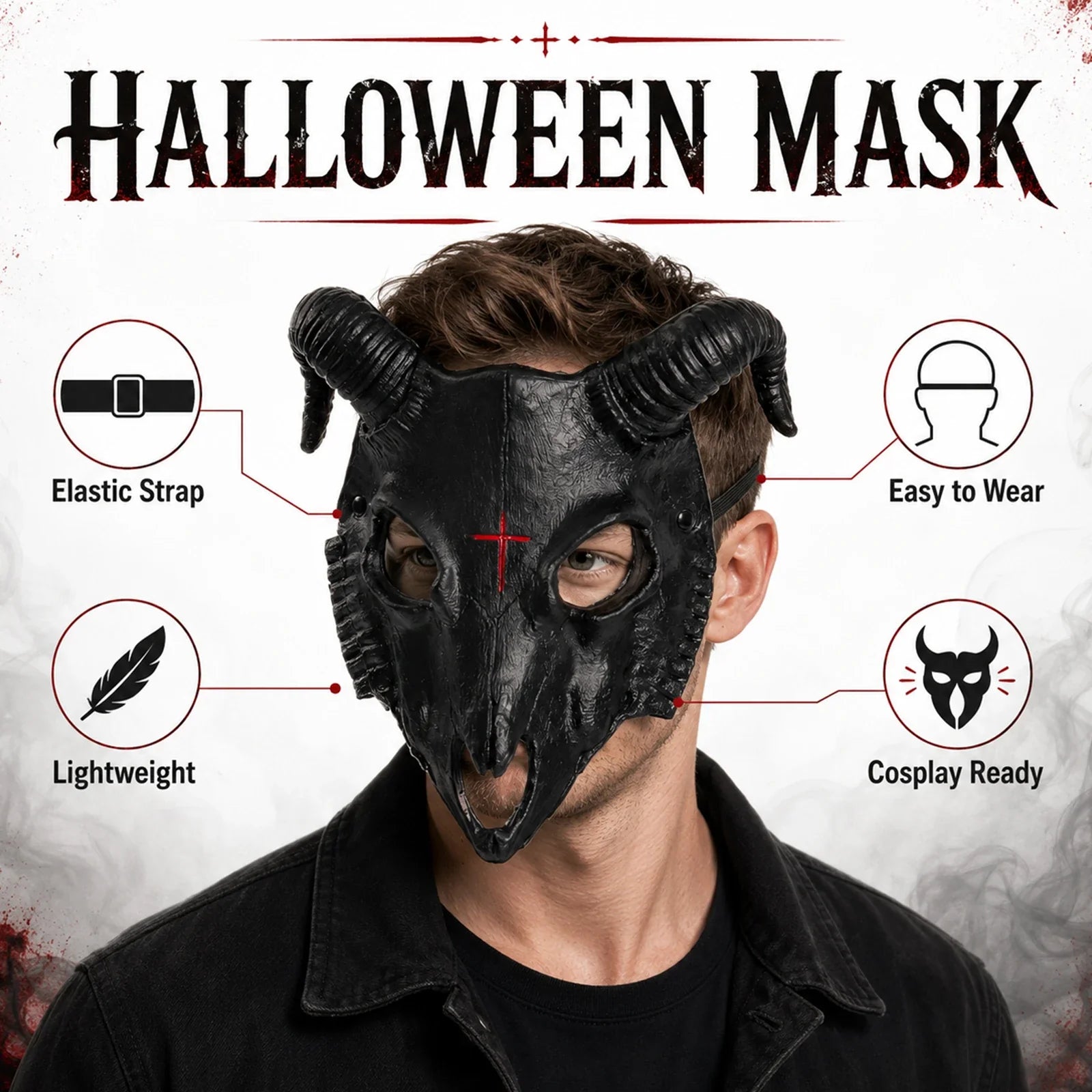 Included pieces and key product features for the Black Goat Horn Mask