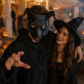 Model wearing the Black Goat Horn Mask in a Halloween costume setting