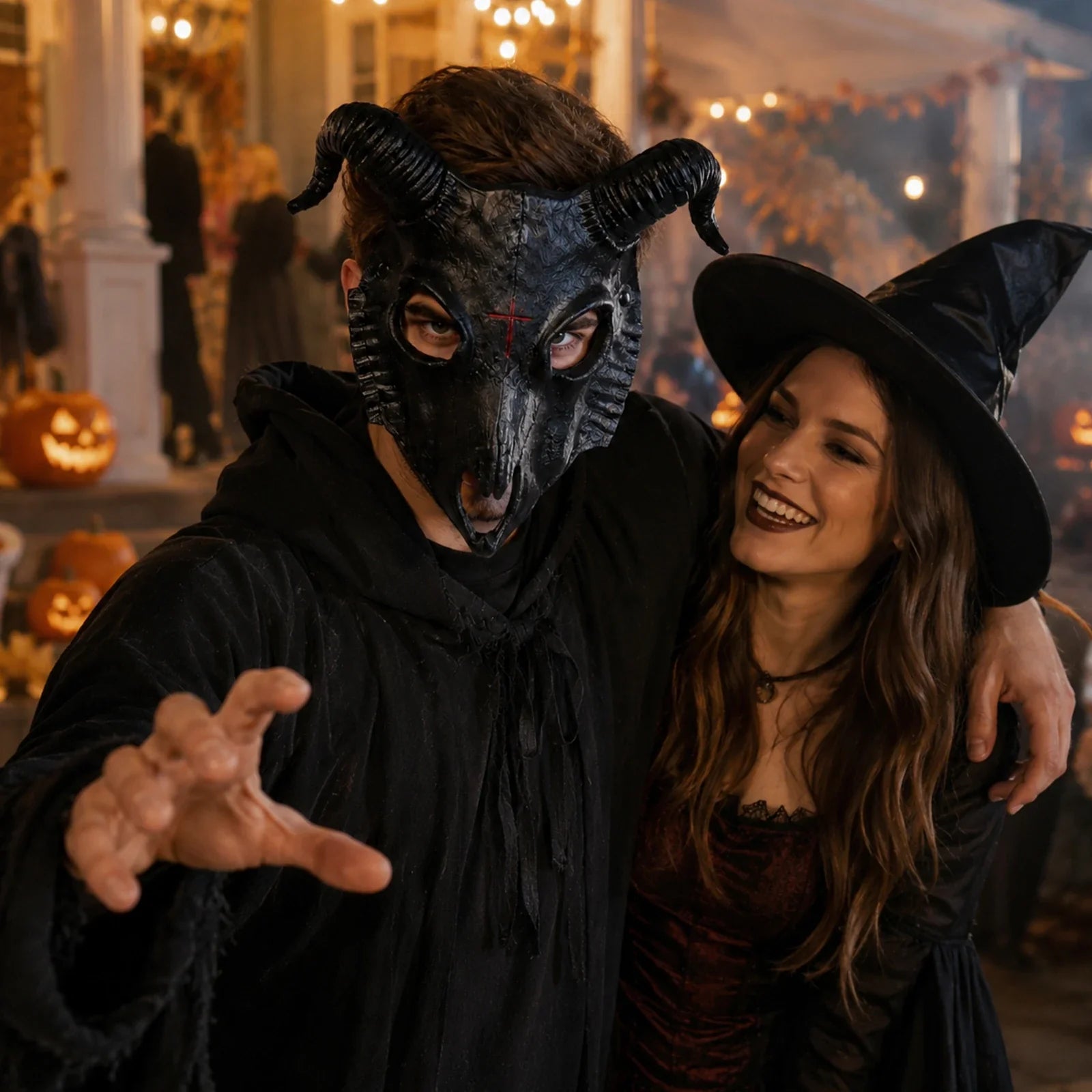 Model wearing the Black Goat Horn Mask in a Halloween costume setting