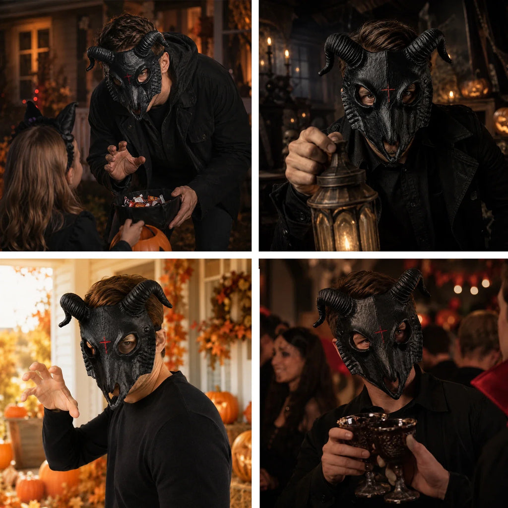 The Black Goat Horn Mask shown in a second Halloween scene
