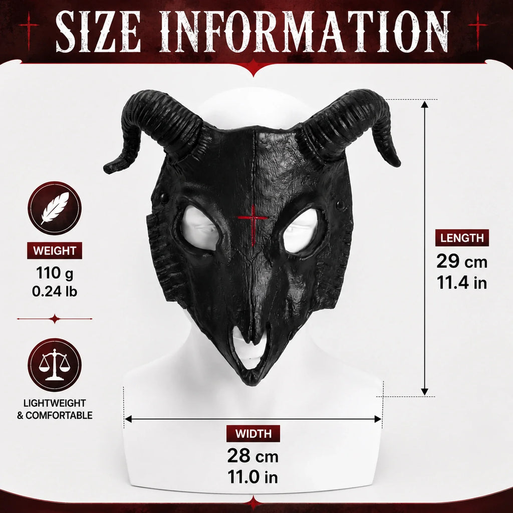 Size guide for the Black Goat Horn Mask, with product and package measurements