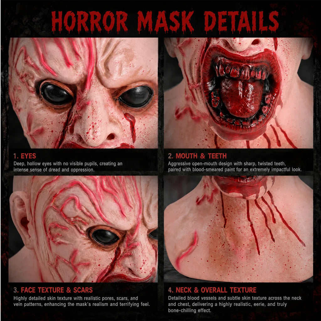 Close-up of the Bloody Demon Full-Head Mask, showing texture and construction details