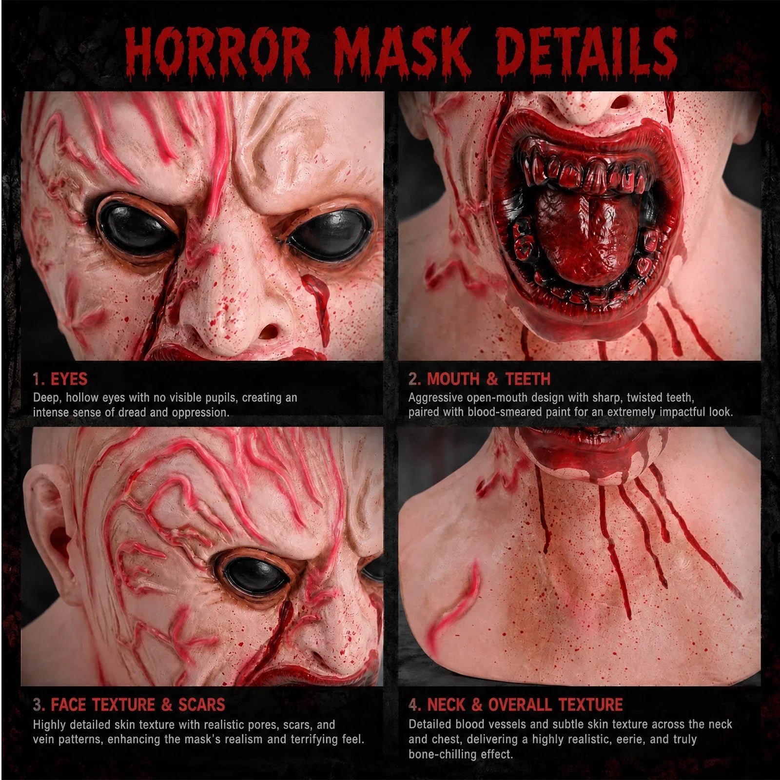 Close-up of the Bloody Demon Full-Head Mask, showing texture and construction details