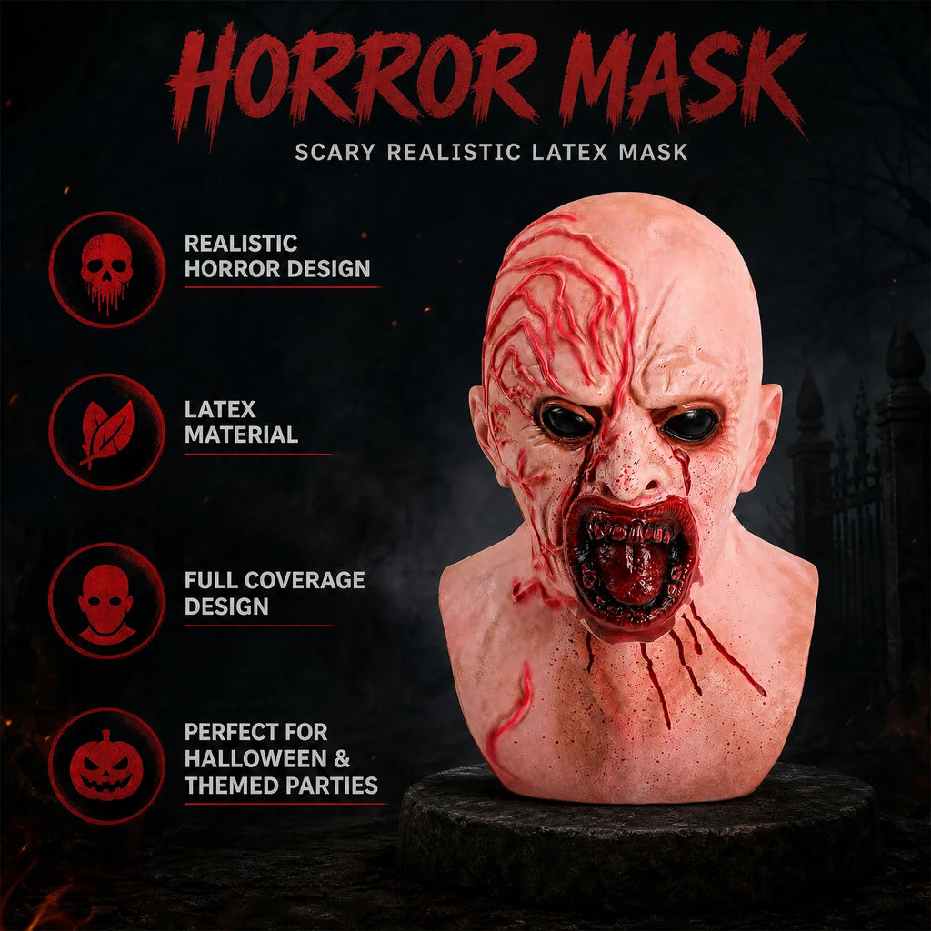 Included pieces and key product features for the Bloody Demon Full-Head Mask