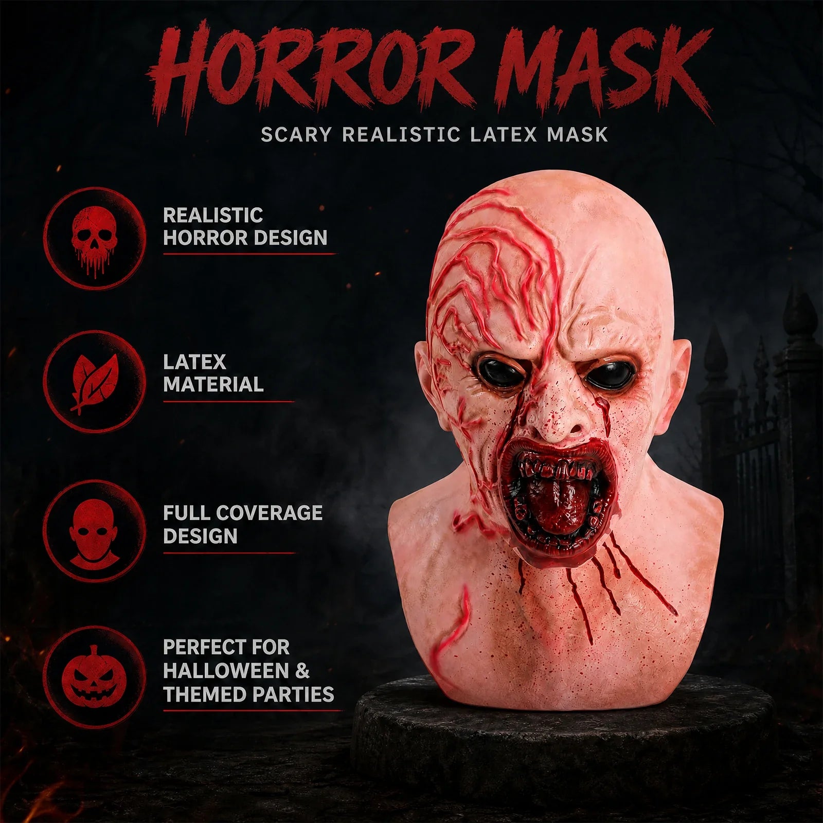 Included pieces and key product features for the Bloody Demon Full-Head Mask