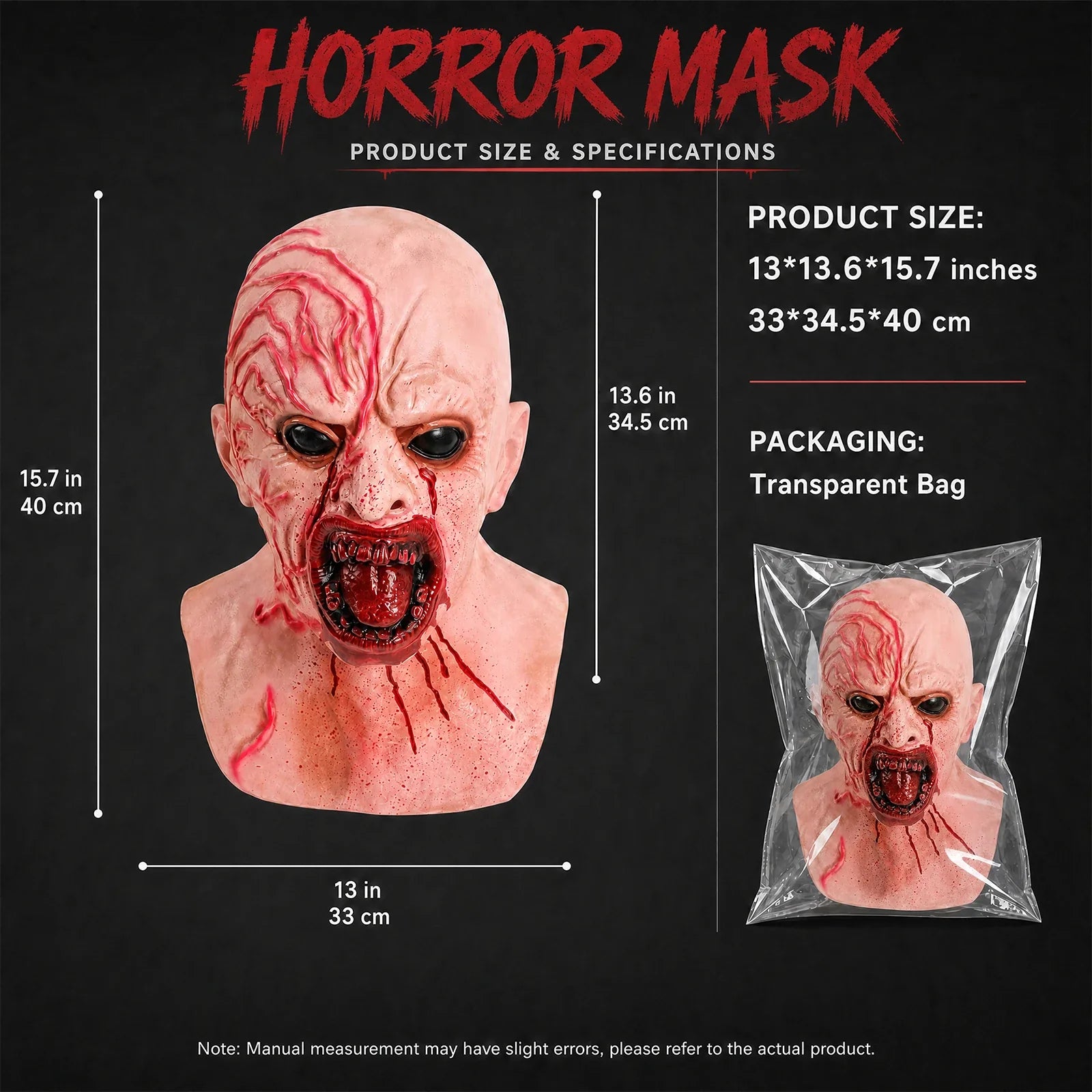 Size guide for the Bloody Demon Full-Head Mask, with product and package measurements